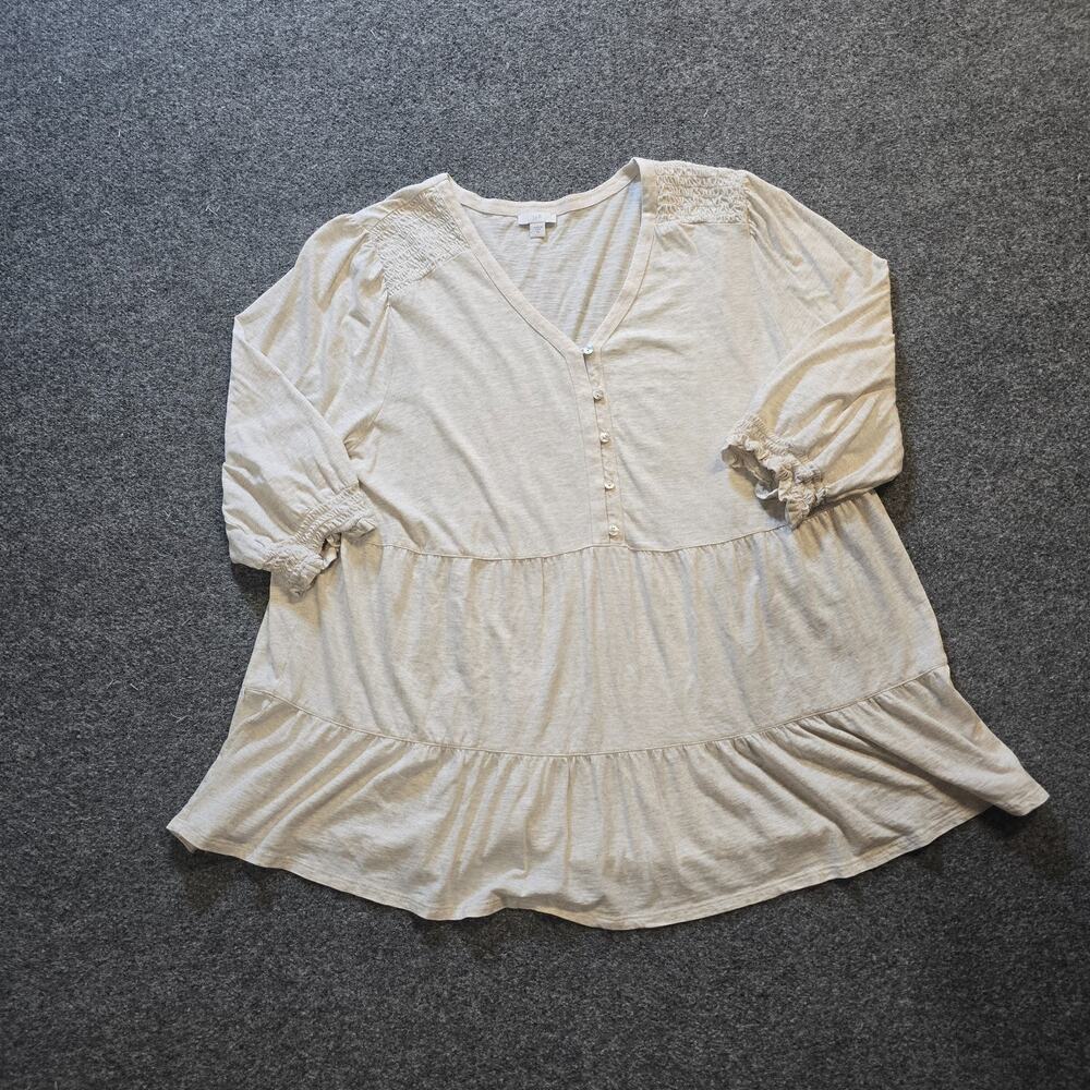 J Jill Top Womens Size XL Off White V Neck 3/4 Sleeve Boho Tiered Henley Casual